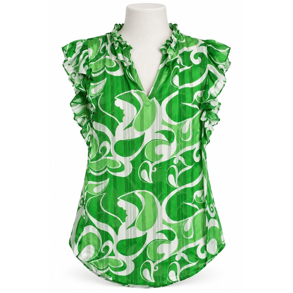 Pleione Green White Abstract Ruffle Blouse Medium Metallic Gold Stripe Flutter